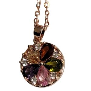 NECKLACE PENDANT and CHAIN Rhinestones glass faux rose goldtone floral necklace